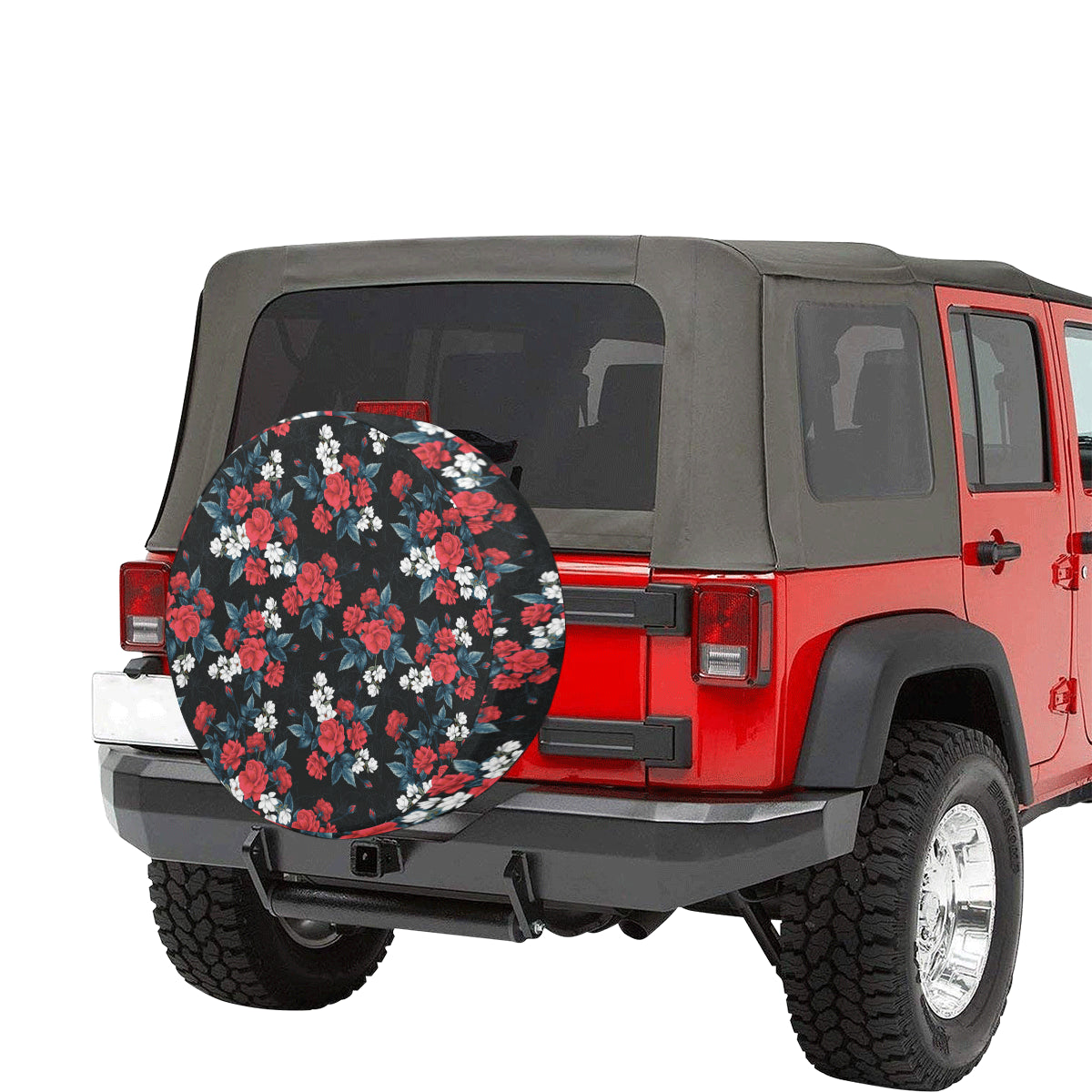 Rose Flowers Spare Tire Cover, Red Floral Roses Black Wheel Auto Back Up Camera Hole Unique Design Women Back RV Trailer Feminine Starcove Fashion