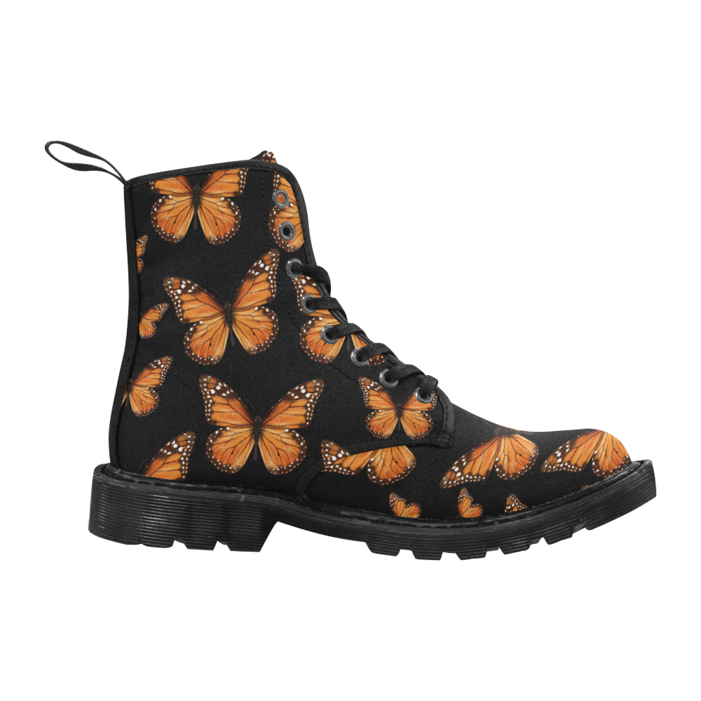 Monarch Butterfly Women's Boots, Insect Pattern Vegan Canvas Festival Party Lace Up Shoes Fashion Print Ankle Combat Casual Custom Gift Starcove Fashion
