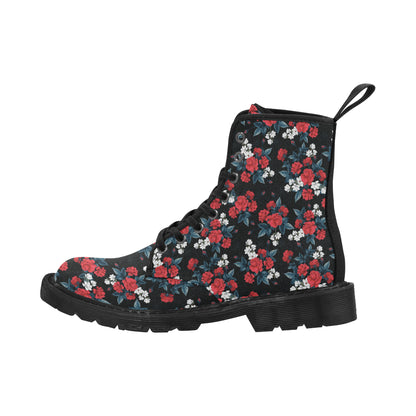 Red Roses Women's Boots, Floral Vegan Canvas Lace Up Shoes, Flower Magnolia Print Black Ankle Combat, Casual Custom Gift Starcove Fashion