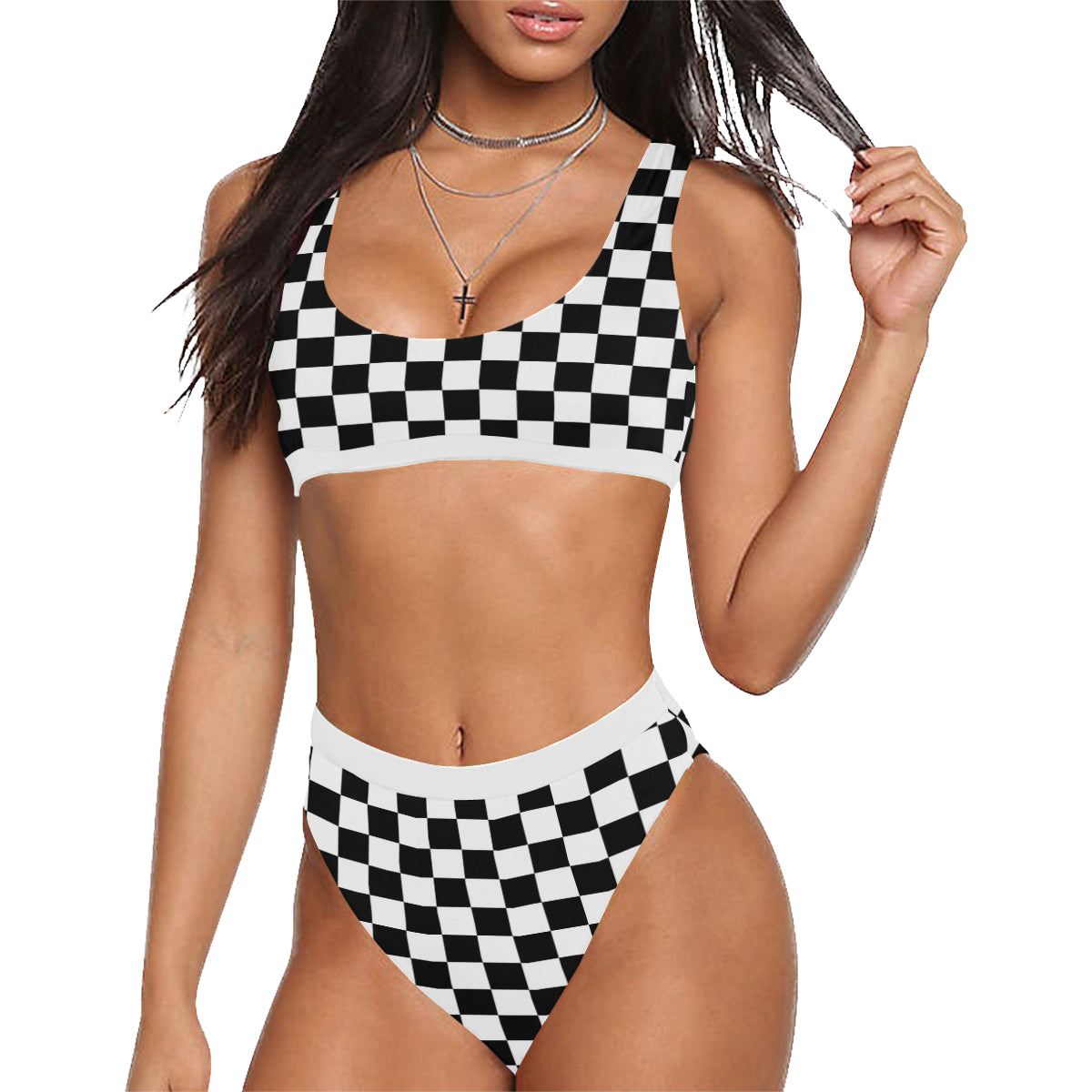 Checkered Bikini Set, High Waisted Black White Checkerboard 80s 90s Top Check Cheeky Rave Swimsuit Swimwear Bathing Suit Plus Size Two Piece Starcove Fashion