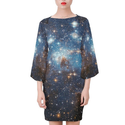 Galaxy Bell Sleeve Dress, Long Sleeve Black Blue Print Space Stars Constellation Celestial Fantasy Party Festival Universe Starcove Fashion