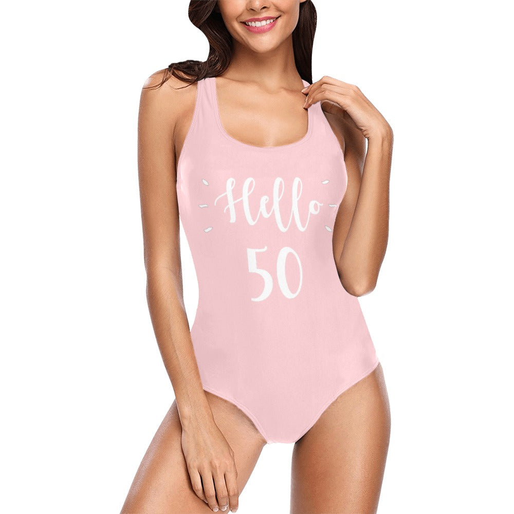 Hello 50 Birthday Swimsuit, 50th for Her Party Swim Gift Sexy Black Women's Tank Top Bathing Suit, One Piece Swimwear, Plus size Custom Year Starcove Fashion