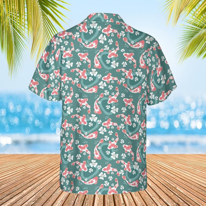 Koi Fish Men Hawaiian Shirt, Flowers Floral Green Print Vintage Retro Summer Hawaii Aloha Tropical Beach Plus Size Cool Button Up Shirt