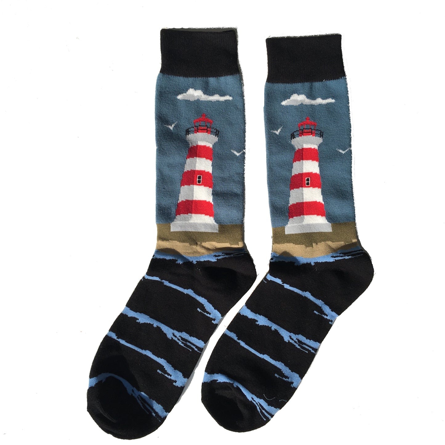 Lighthouse Socks, Nautical Maritime Ocean Black Blue Men Women Crew Cotton Socks, Cool, Cute Crazy & Fun socks Starcove Fashion