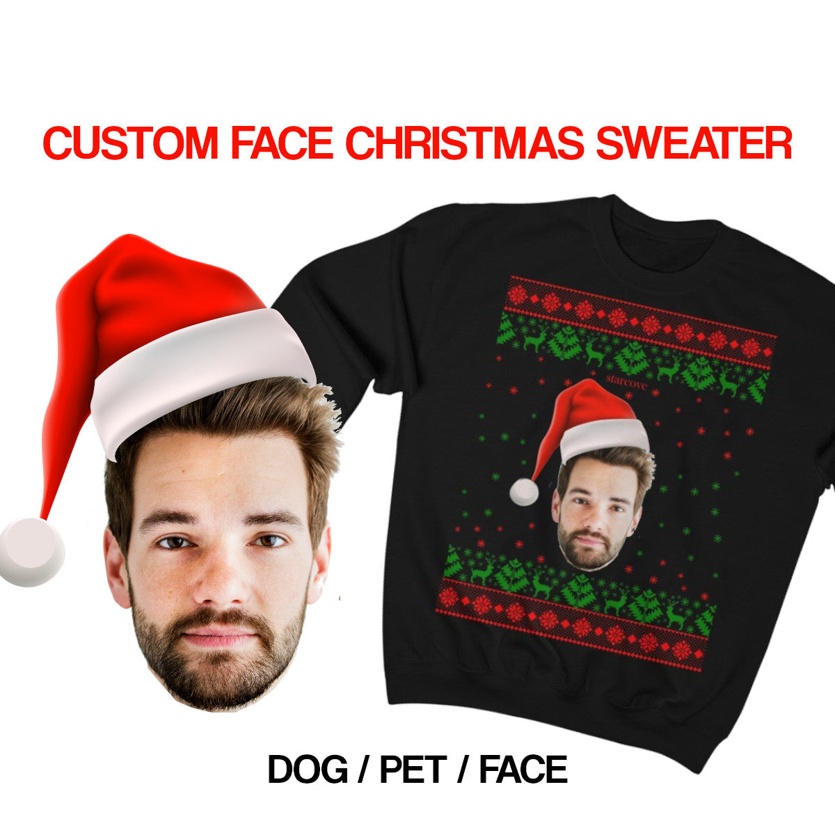 Custom Face Ugly Christmas Sweater, Funny Xmas Red Sweatshirt Personalized Photo Dog Cat Boss Pet Matching Family Santa Hat Plus Size Gift Starcove Fashion