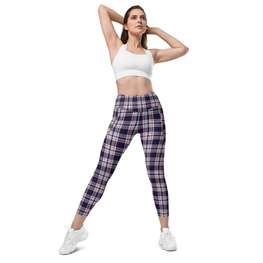 Plaid Women Leggings with Pockets, Purple Pink Tartan Printed Yoga Pants  Graphic Workout Running Gym Designer Plus Size Tights