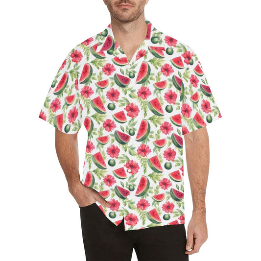 Watermelon Men Hawaiian shirt, Tropical Flowers Red White Vintage Aloha Hawaii Retro Summer Fruit Beach Plus Size Cool Button Down Shirt Starcove Fashion