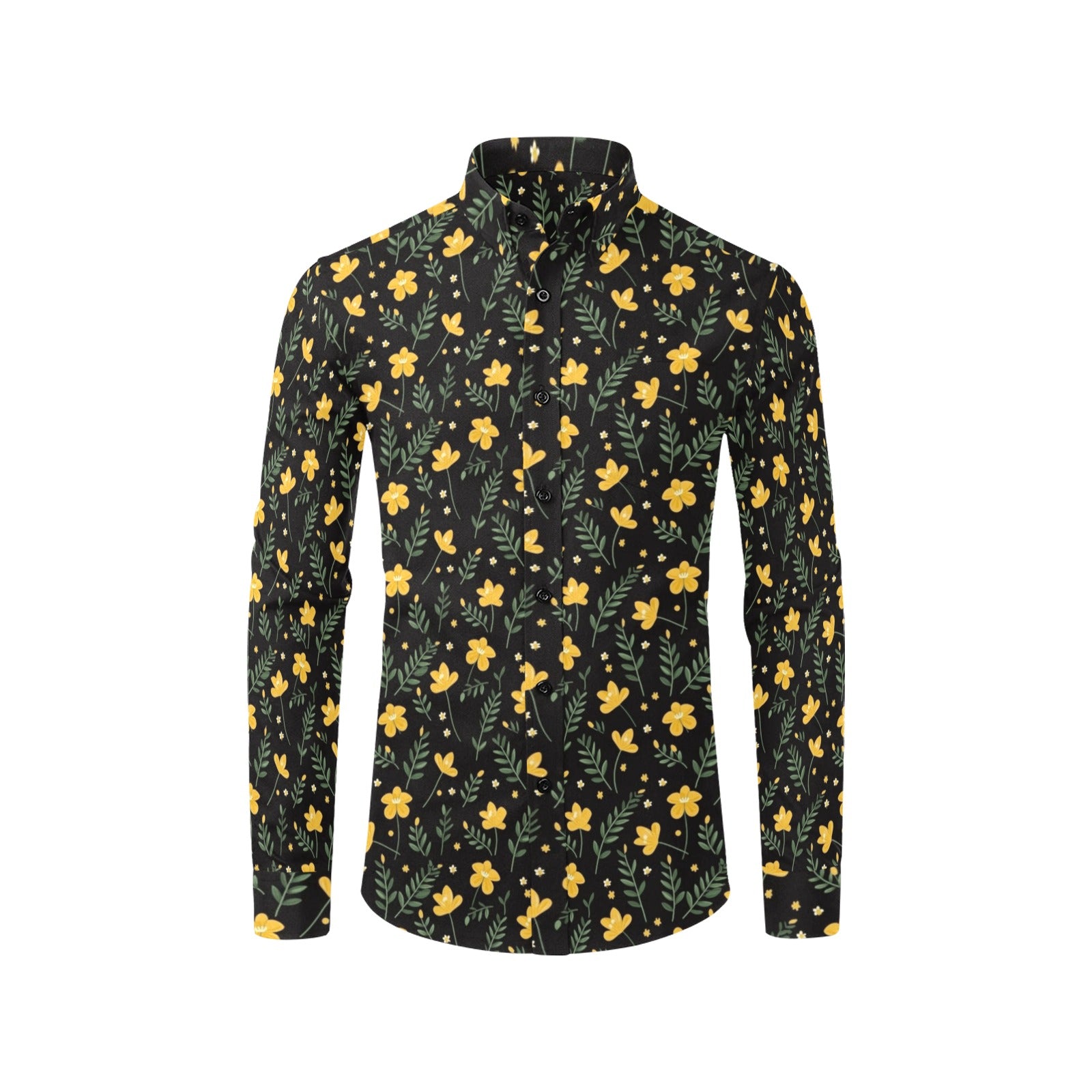 Black Yellow Floral Long Sleeve Men Button Up Shirt, Leaves Flowers Print Casual Buttoned Collared Designer Guys Dress Shirt Chest Pocket M Black Yellow Floral Long Sleeve Men Button Up Shirt, Leaves Flowers Print Casual Buttoned Collared Designer Guys Dress Shirt Chest Pocket M