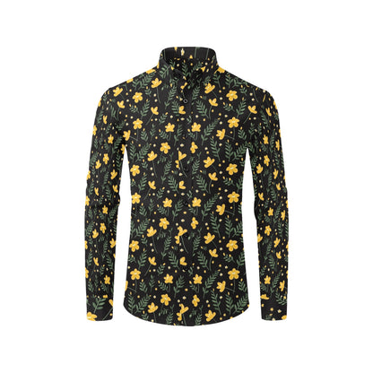Black Yellow Floral Long Sleeve Men Button Up Shirt, Leaves Flowers Print Casual Buttoned Collared Designer Dress Shirt with Chest Pocket Starcove Fashion
