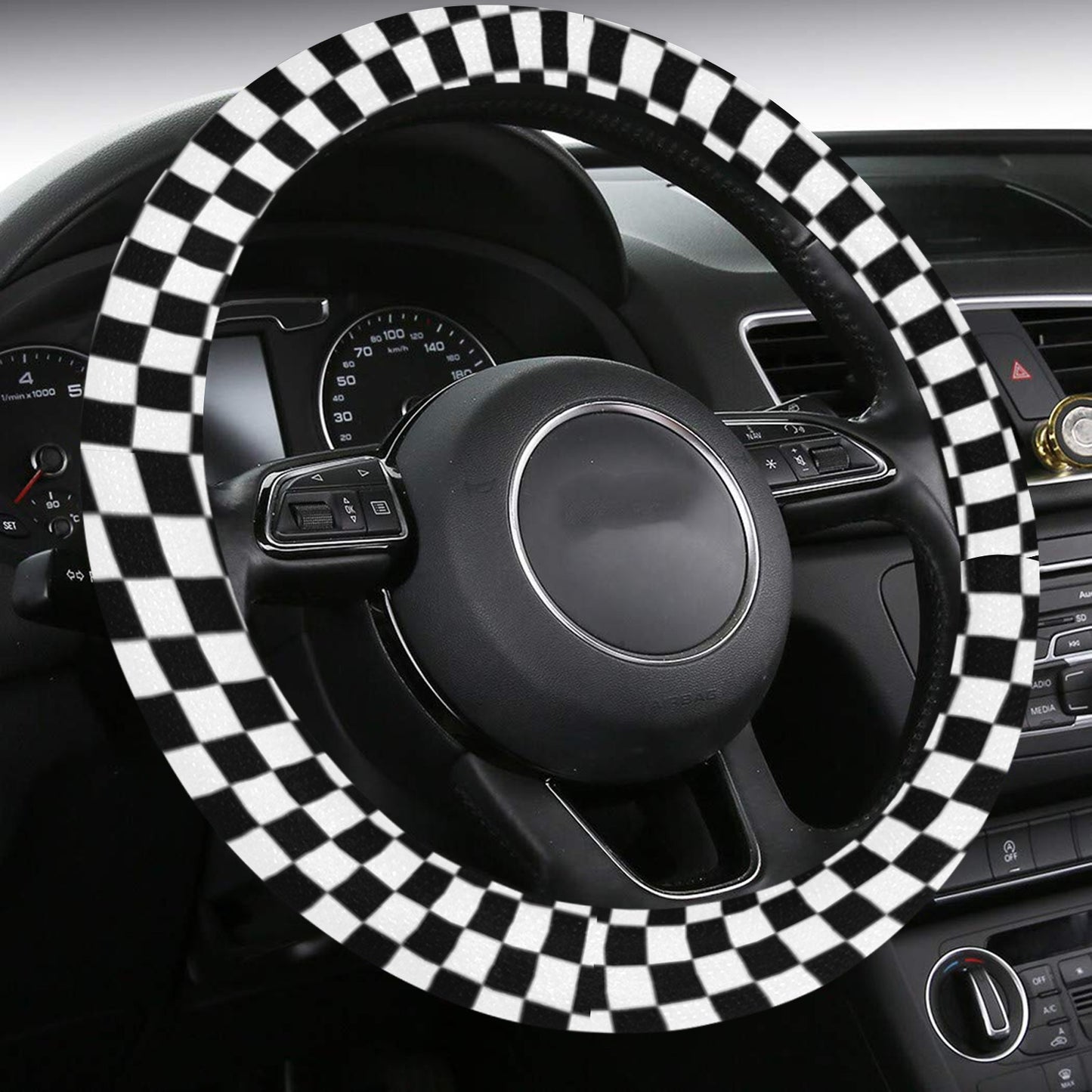 Checkered Steering Wheel Cover with Anti-Slip Insert, Racing Check Checkerboard Men Women Squares Black White Print Car Auto Wrap Protector Starcove Fashion