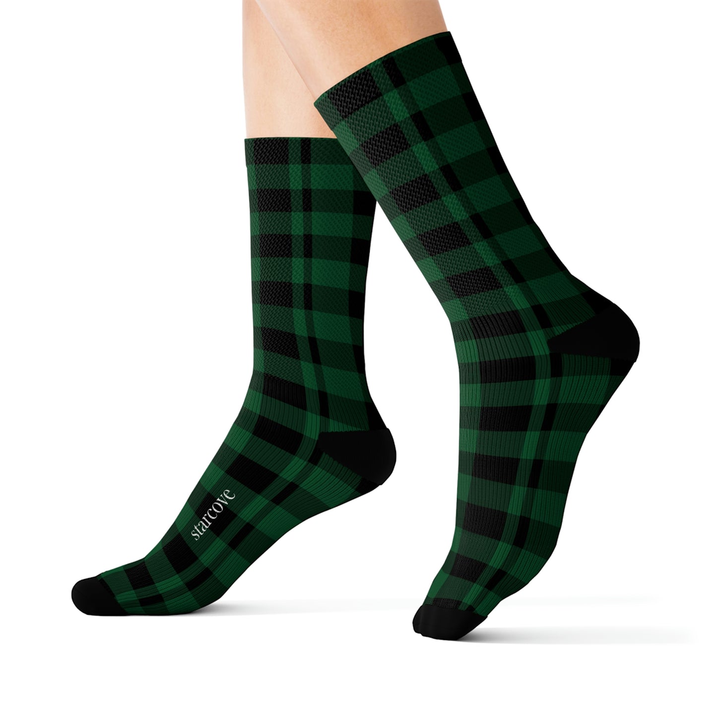 Green Buffalo Plaid Socks, Black Check Checkered Printed Sublimation Lumberjack Women Men Fun Cool Casual Cute Unique Socks