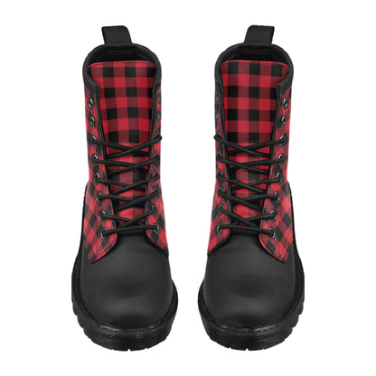 Red Buffalo Plaid Men Leather Boots, Black Check Lumberjack Vegan Leather Lace Up Shoes Hiking Print Ankle Combat Winter Custom Starcove Fashion