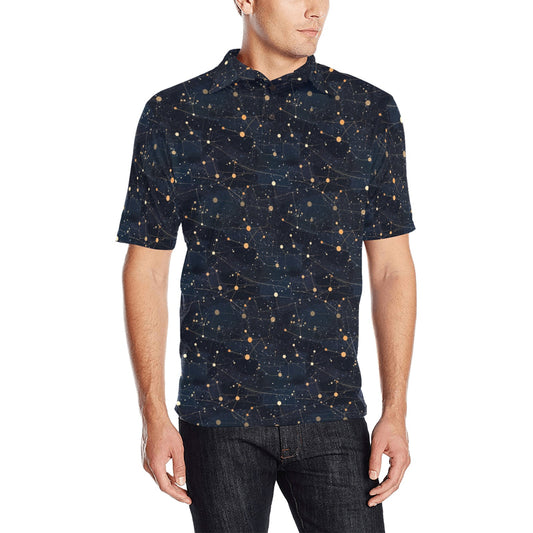 Constellation Men Polo Collared Shirt, Space Universe Pattern Casual Summer Buttoned Down Up Shirt Short Sleeve Sports Golf Tee Starcove Fashion