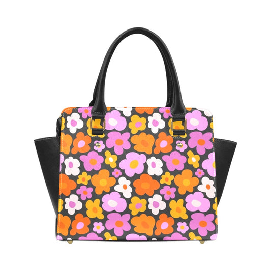 Groovy Pink Purse Handbag, Cute Retro Floral Orange Flowers Vegan Leather Designer Women Satchel Top Zip Handle Bag Shoulder Strap