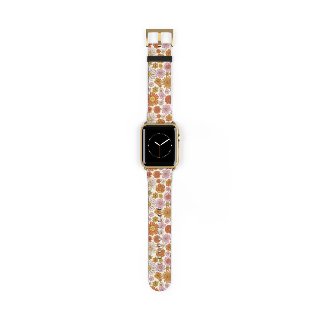 Groovy Flowers Apple Watch Band, Cute Retro Floral Designer Vegan Faux Leather 38mm 40mm 42mm 44mm Size Series 1 2 3 4 5 6 7 SE Strap Starcove Fashion