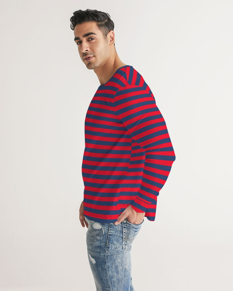 Red and Blue Stripes Men Long Sleeve Tshirt, Striped Unisex Women Designer Graphic Aesthetic Crew Neck Tee Starcove Fashion