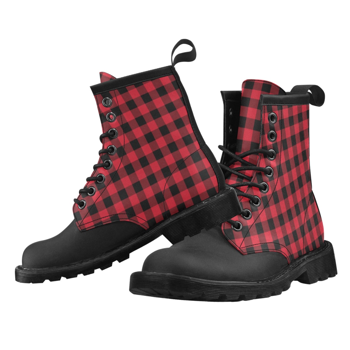 Red Buffalo Plaid Men Leather Boots, Black Check Lumberjack Vegan Leather Lace Up Shoes Hiking Print Ankle Combat Winter Custom