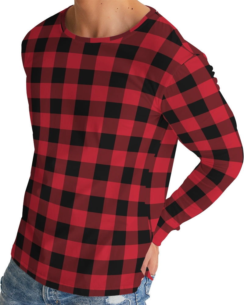 Red Buffalo Plaid Men's Long Sleeve Tshirt, Black Check Lumberjack Unisex Women Designer Graphic Crew Neck Tee Starcove Fashion