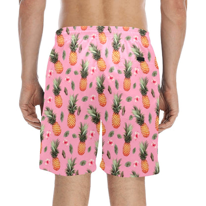 Pink Pineapple Men Swim Trunks, Tropical Mid Length Shorts Beach Surf Swimwear Front Back Pockets Mesh Lining Drawstring Bathing Suit