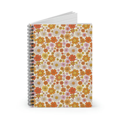 Floral Spiral Notebook, Groovy Flowers 70s Retro Cute Design Journal Traveler Notepad Ruled Line Book Paper Pad Small Aesthetic
