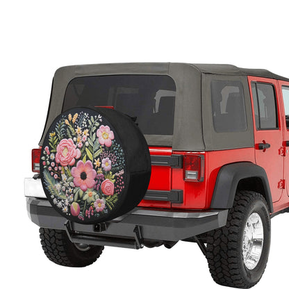 Pink Flowers Spare Tire Cover, Faux Embroidery Printed Floral Wheel Accessories Unique Design Backup Camera Hole Trailer Back Women RV Gift Starcove Fashion