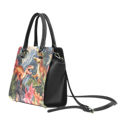 Dinosaur Purse Handbag, Dino Floral Animal High Grade Vegan Leather Designer Women Satchel Top Zip Handle Bag Shoulder Strap Ladies