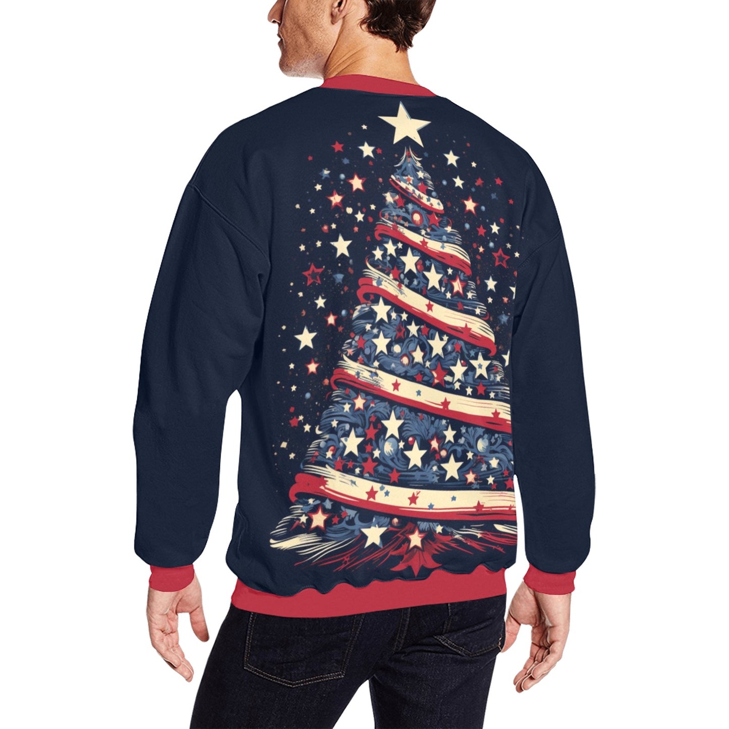 American Christmas Tree Ugly Sweater, Flag Red White Blue Xmas Print Women Men Retro Vintage Party Winter Holiday Plus Size Sweatshirt