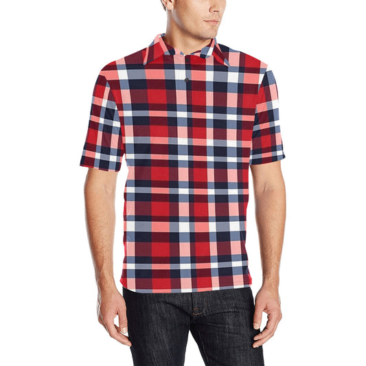 Red White Blue Check Men Polo Shirt, Plaid Tartan Vintage Stripe Short Sleeve Classic Collared Button Down Up Rugby Golf Polo Gift for Him