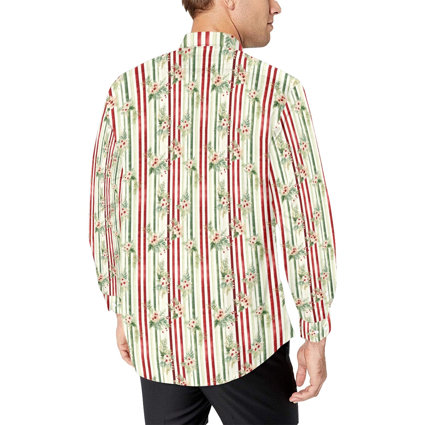 Red Green Striped Long Sleeve Men Button Up Shirt, Christmas berries Xmas Holiday Print Buttoned Down Guys Male Collared Casual Dress Shirt Starcove Fashion