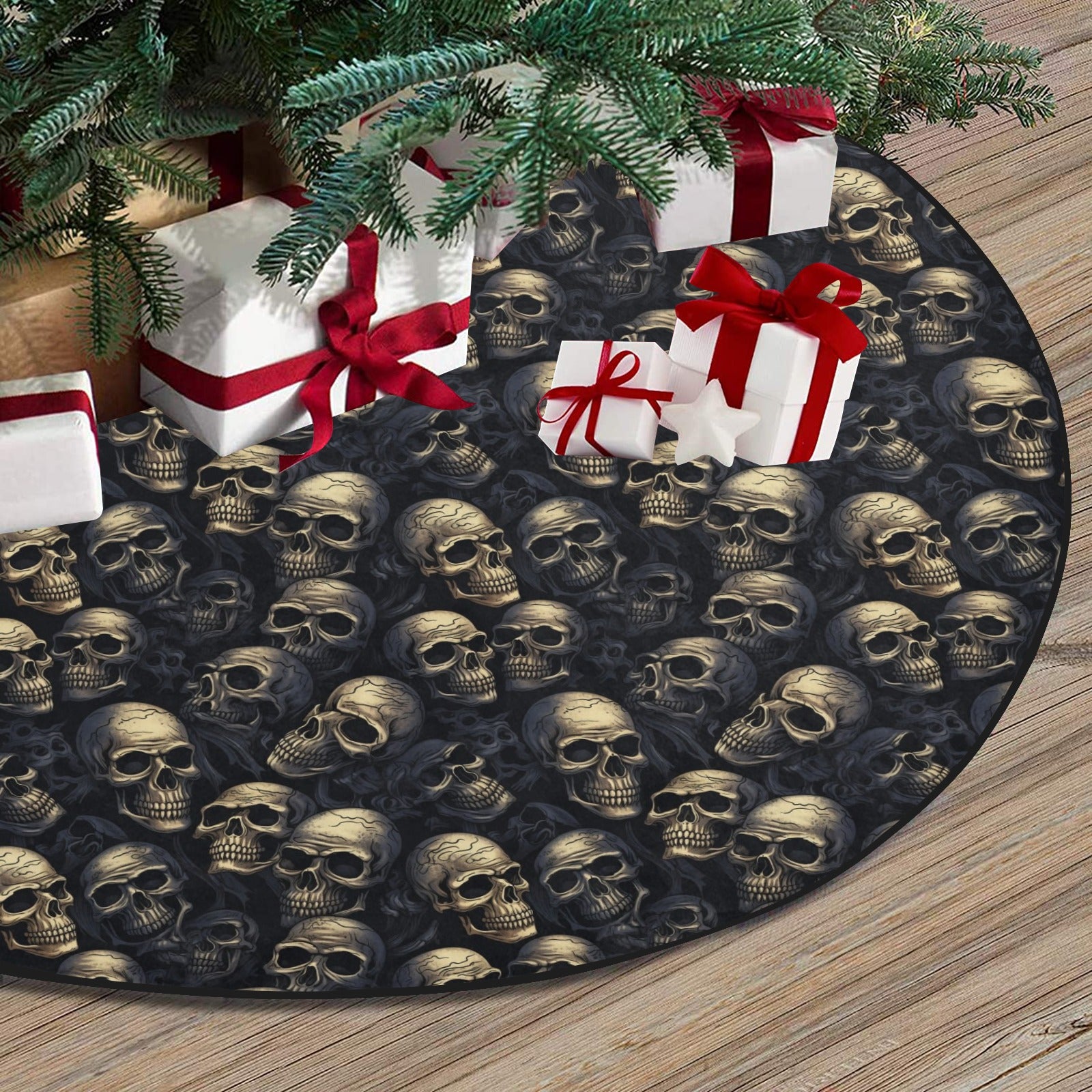 Scary Skulls Halloween Tree Skirt, Spooky Black Christmas Stand