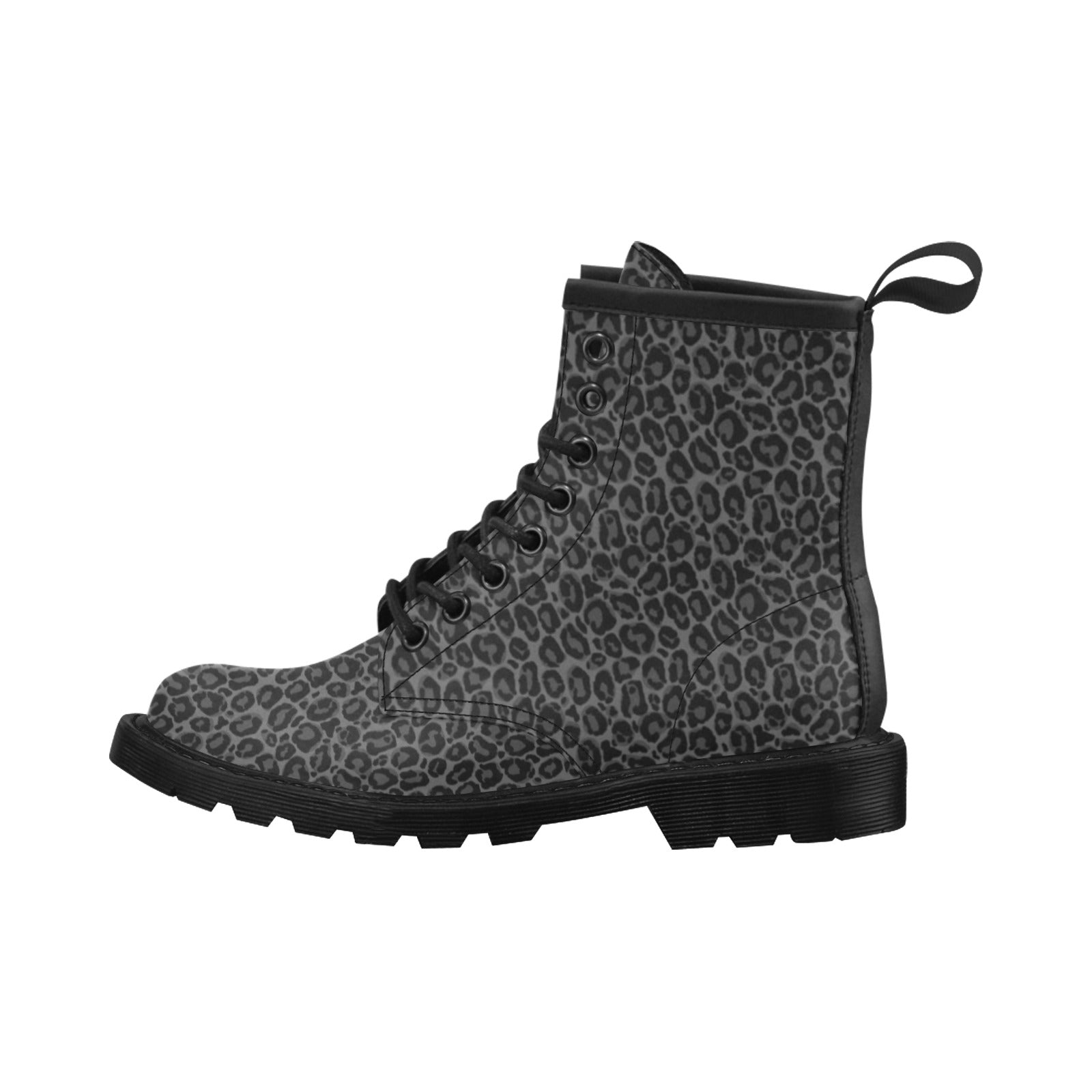 Black Leopard Men Leather Boots, Animal Print Lace Up Shoes Festival Black Ankle Combat Winter Custom Walking Hiking Pull On Designer Starcove Fashion