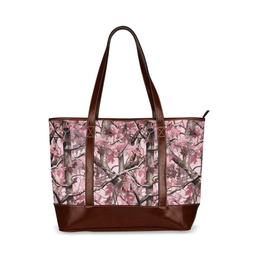Pink Camo Canvas Tote Bag with Zipper, Real Camouflage Waterproof Pockets Print Beach Pool Designer Fabric Shoulder Handbag Women Purse