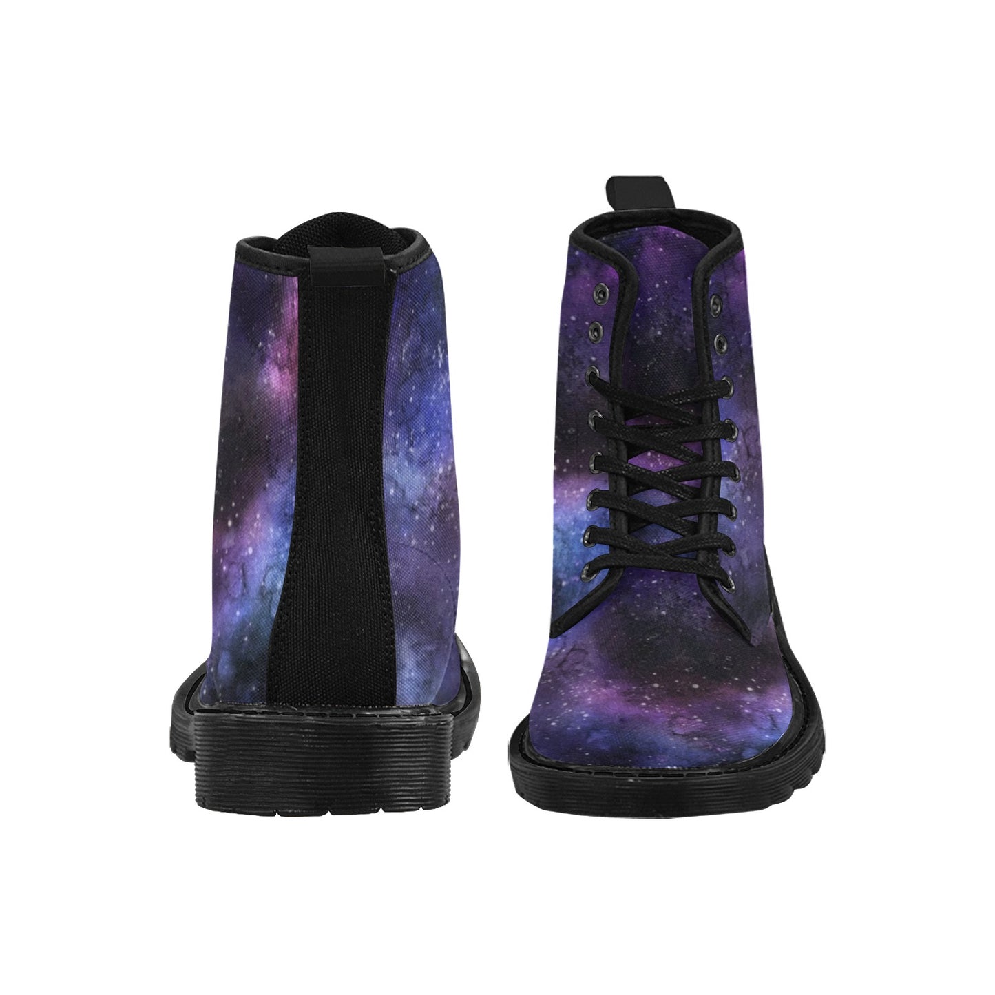 Galaxy Men Combat Boots, Cosmos Universe Space Stars Purple Designer Vegan Canvas Festival Party Lace Up Shoes Print Casual Lightweight Starcove Fashion