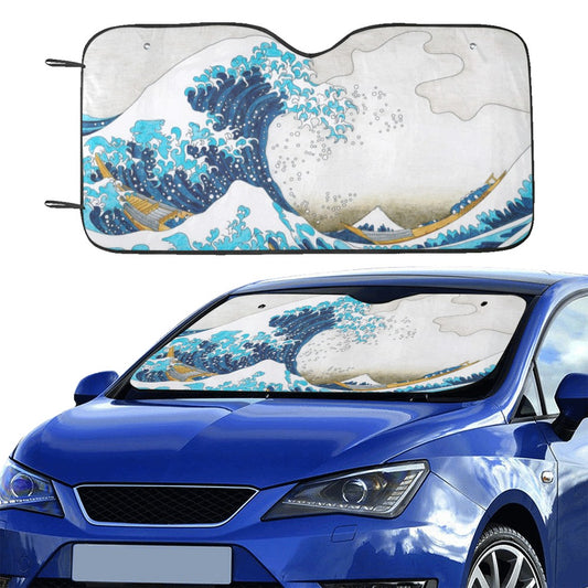 Great Wave Japan Windshield Sun Shade, Ocean Sea Art Car Accessories Auto Protector Window Visor Screen Cover Cover Decor 55" x 29.53"