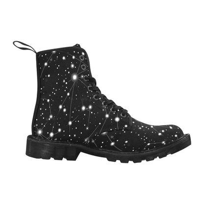 Constellation Stars Women boots, Space Universe Vegan Canvas Lace Up Shoes Festival Print Black Ankle Combat Casual Lightweight Designer Starcove Fashion