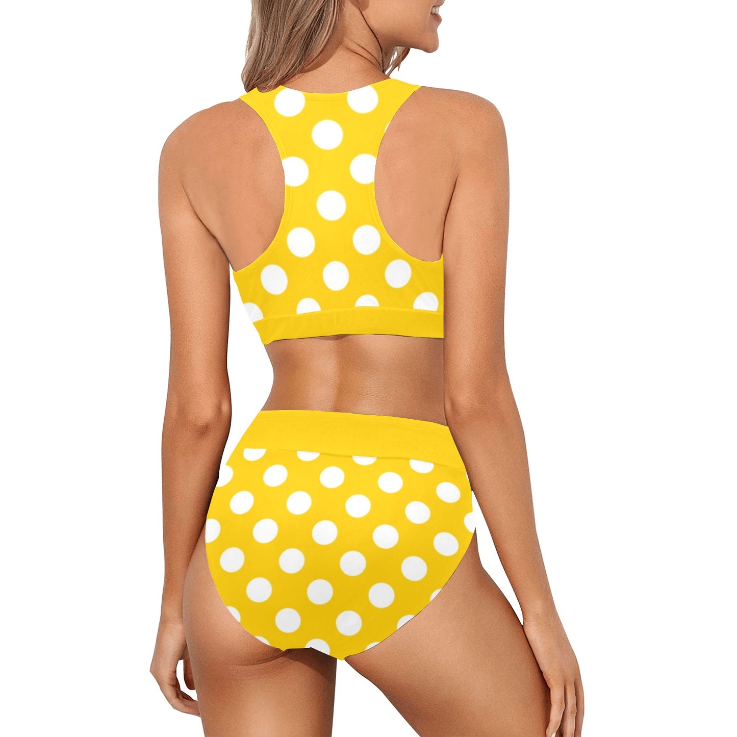 Yellow Polka Dot Bikini Sports Bikini Set, High Waisted Cheeky Bottom Halter Top Sexy Swimsuits Women Padded Swimwear Starcove Fashion