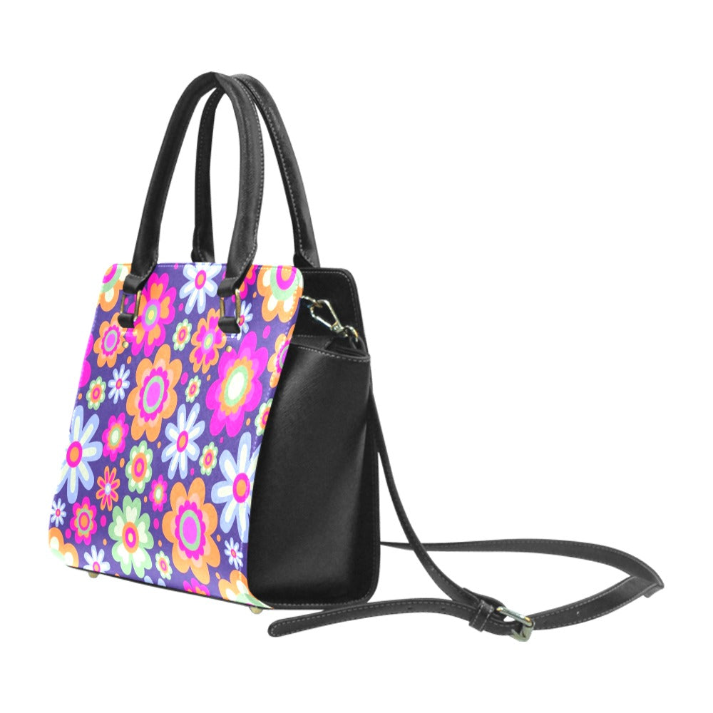 Groovy Pink Purse Handbag, Cute Retro Floral Flowers High Grade Vegan Leather Designer Women Gift Satchel Top Zip Handle Bag Shoulder Strap Starcove Fashion
