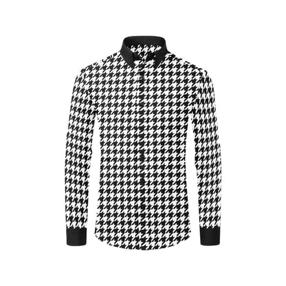 Houndstooth Long Sleeve Men Button Up Shirt, Pattern Black White Print Dress Buttoned Collar Dress Shirt with Chest Pocket Starcove Fashion