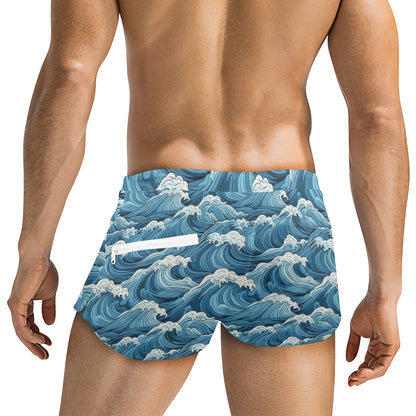 Japanese Waves Sexy Men Swim Trunks, Blue Ocean Shorts Beach Swimwear Front Back Zipper Pockets Mesh Lining Drawstring Bathing Suit Bikini