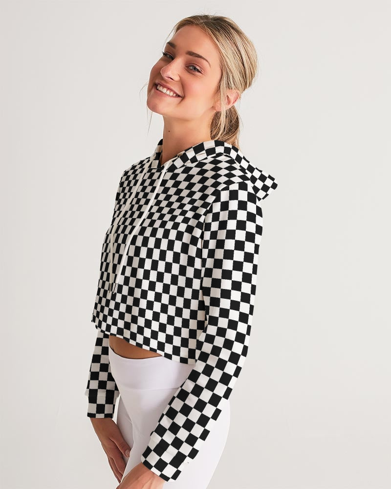 Black White Checkered Women Cropped Hoodie, Racing Check Ladies Aesthetic Graphic Hooded Pullover Sweatshirt Crop Jumper Top