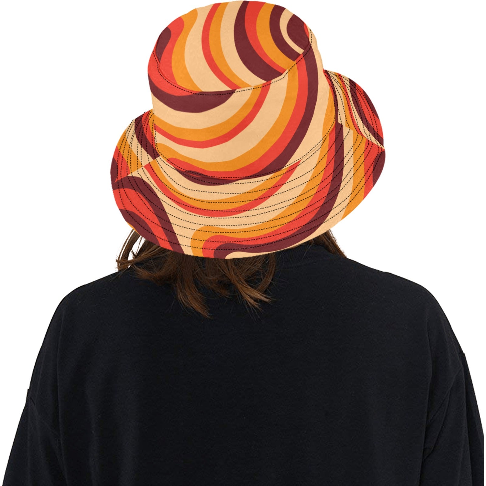 Retro Bucket Hat, 70s Groovy Orange Psychedelic Vintage Summer Festival Cute Women Men Designer Beach Sun Shade Y2K Cotton Twill Starcove Fashion
