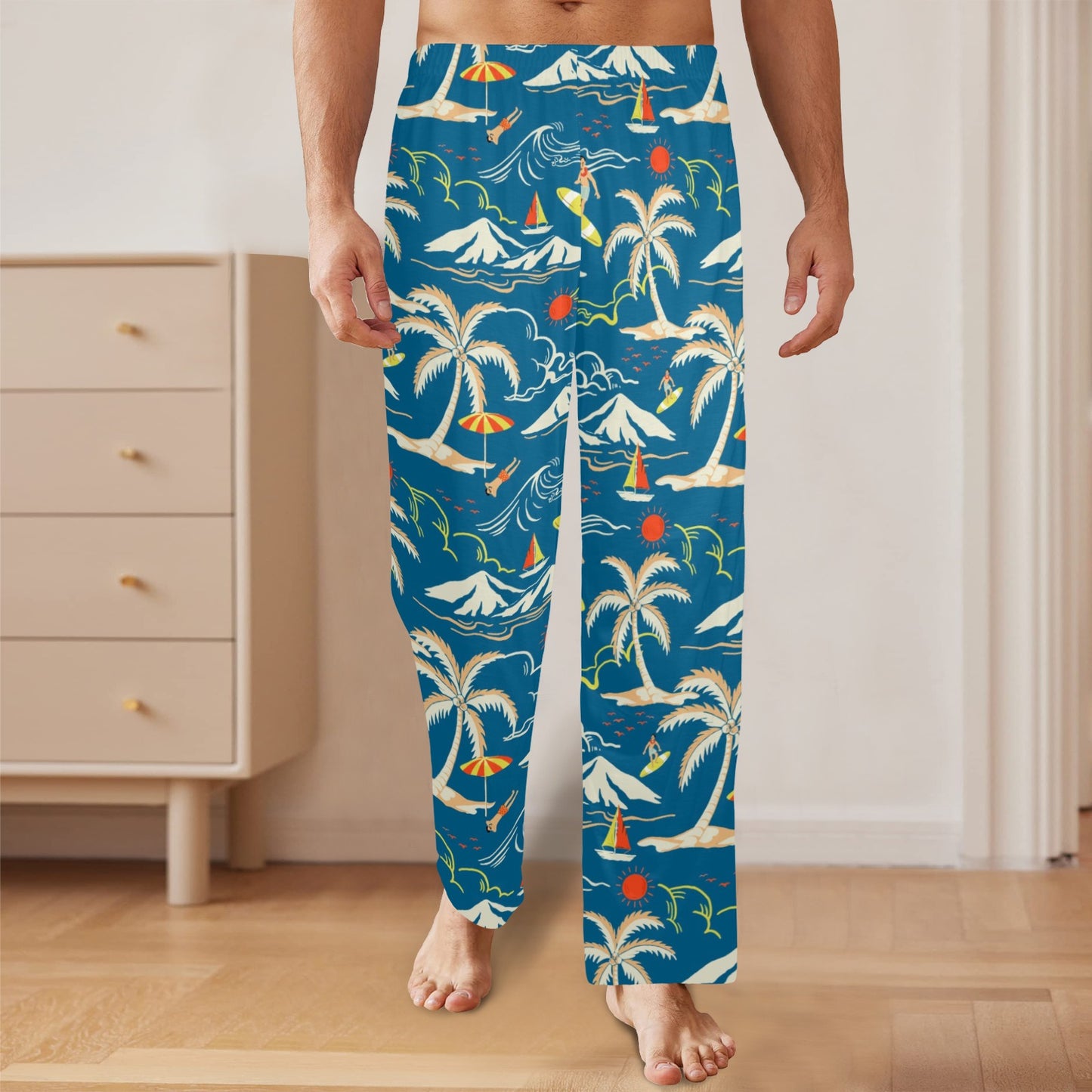 Tropical Men Pajamas Pants, Ocean Beach Sea Palm Trees Vacation Pattern Satin PJ Pockets Sleep Trousers Couples Matching Trousers Bottoms