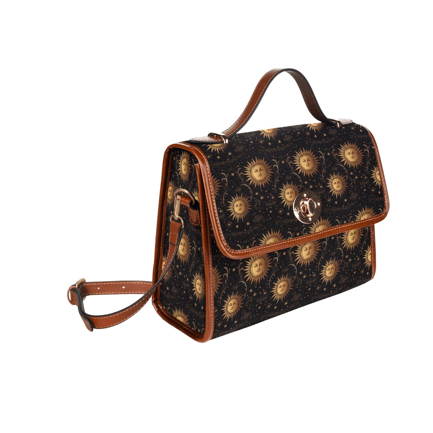 Sun Canvas Satchel bag, Retro Planets Space Stars Vintage Waterproof Brown Cute Women Crossed Body Purse Vegan Leather Strap Handbag