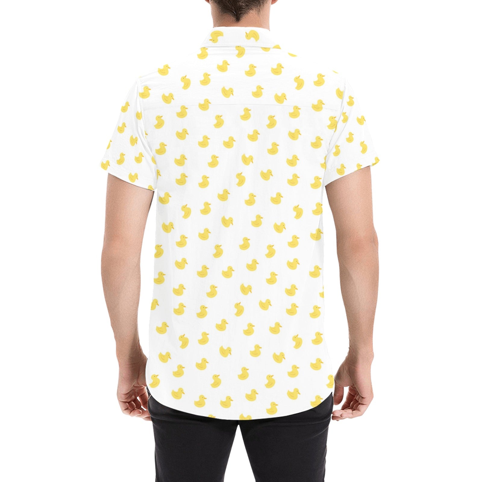 Rubber Duck Print Short Sleeve Men Button Up Shirt, White Yellow Casual Buttoned Down Summer Dress Shirt Gift Husband Starcove Fashion