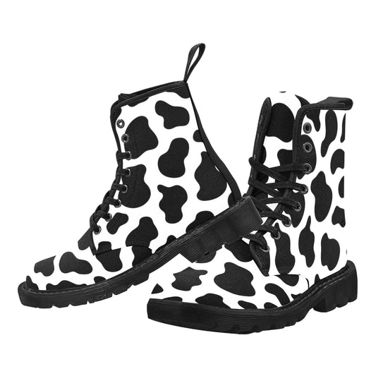 Cow Print Women's Boots, Animal Print Farm Vegan Canvas Lace Up Shoes, Black White Army Ankle Combat Winter Casual Custom Gift Starcove Fashion