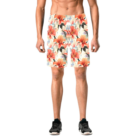 Tropical Men Swim Trunks, Hawaiian Flowers Floral Mid Length Shorts Beach Swimwear Male Back Pockets Mesh Lining Drawstring Bathing Suit