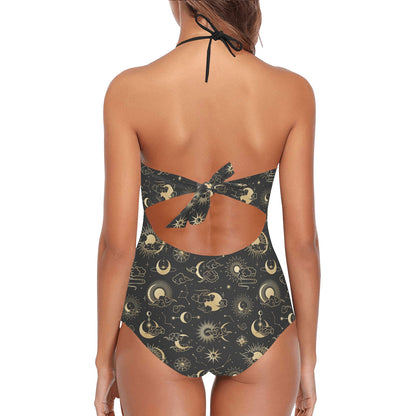 Sun Moon Lace Swimsuit Women, Space Constellation Black One Piece Band Embossing Cute Designer Bathing Suit Padded Cups Plus Size