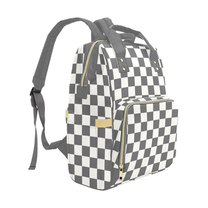 Checkered Diaper Bag Backpack, Grey Cream Check Baby Boy Girl Waterproof Insulated Pockets Stylish Mom Dad Designer Men Women Multipurpose