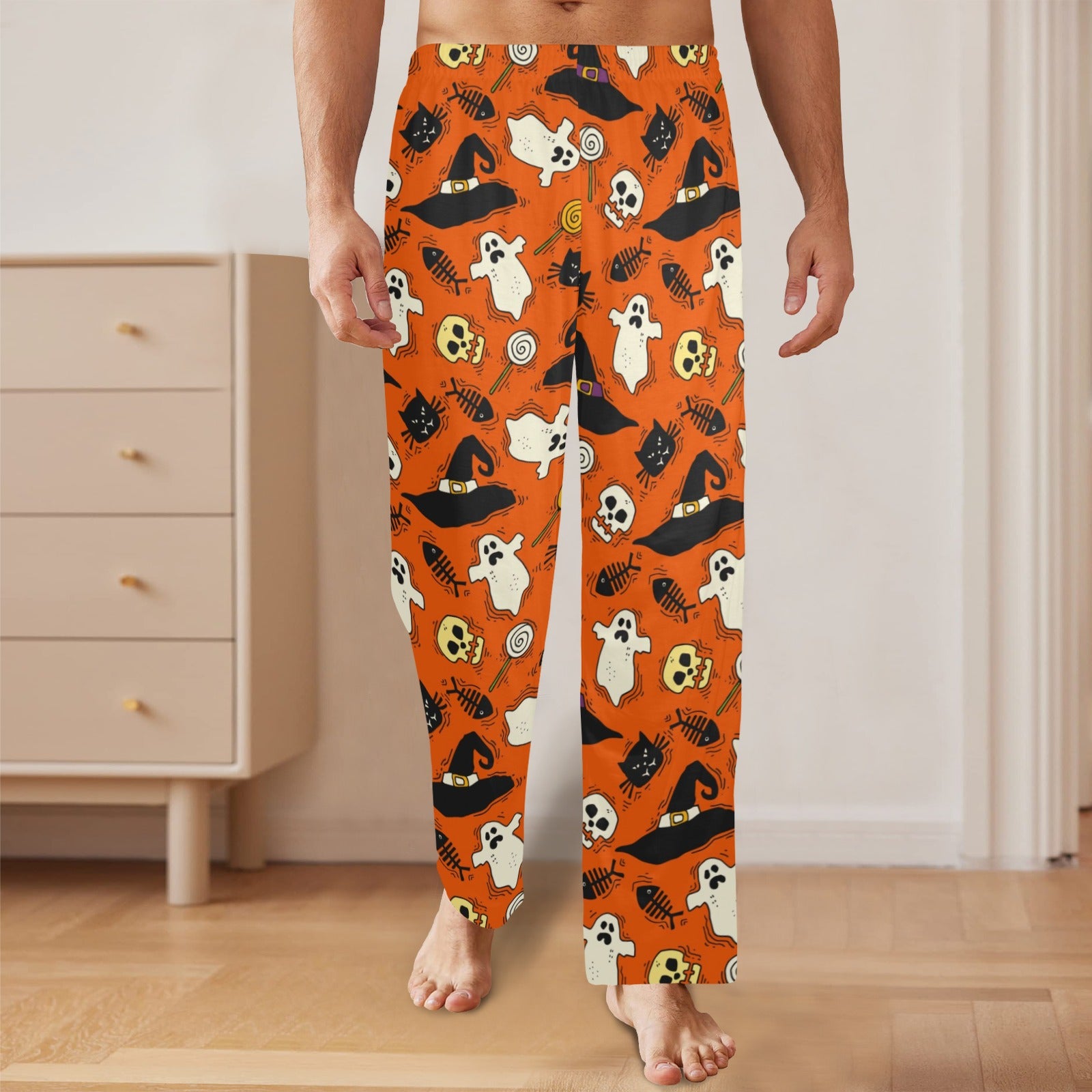 Halloween Pumpkin Check Orange Mens Pajama Pants Men's