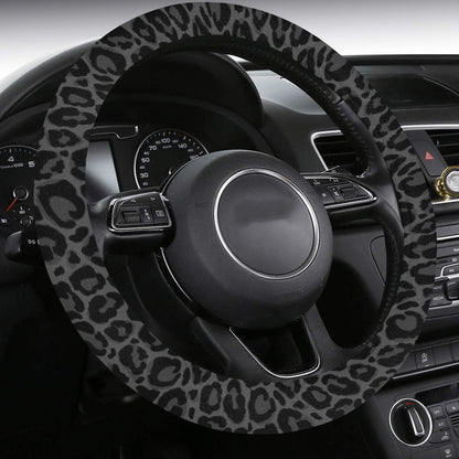 Black Leopard Steering Wheel Cover with Anti-Slip Insert, Grey Cheetah Animal Print Gray Car Auto Wrap Protector Women Accessories 15 Inch